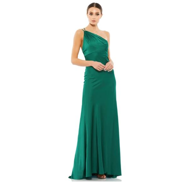 Mac Duggal Satin Maxi Dress Size 8 Emerald Green One Shoulder Cocktail Formal - Picture 1 of 16